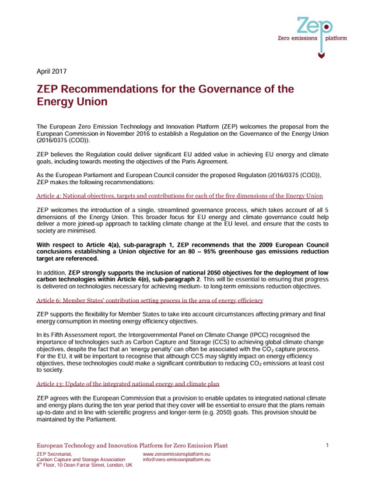 Recommendations for the Governance of the Energy Union
