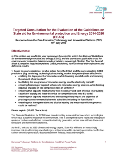 Response to the targeted consultation for the Evaluation of the State Aid for Environmental Protection and Energy