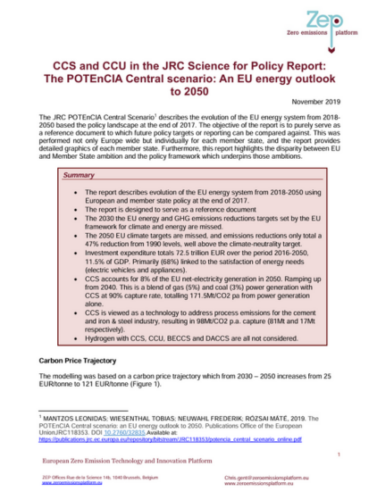 CCS and CCU in the JRC Science for Policy Report: The POTEnCIA Central scenario: An EU energy outlook to 2050