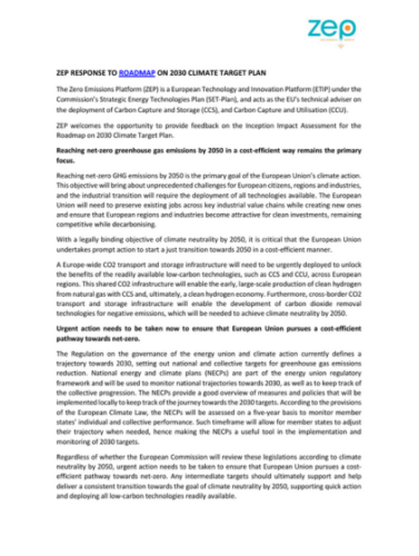 ZEP response to 2030 Climate Target Plan