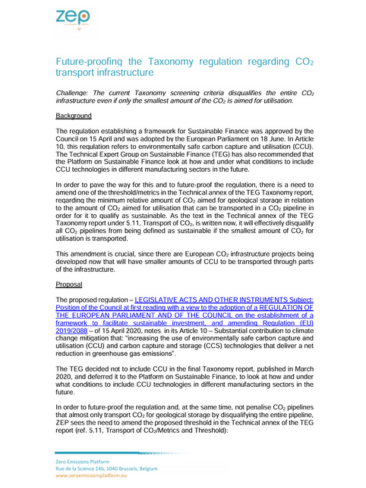 Future-proofing the Taxonomy regulation regarding CO2 transport infrastructure