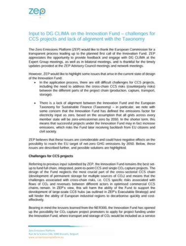 Input to DG CLIMA on the Innovation Fund – challenges for CCS projects and lack of alignment with the Taxonomy