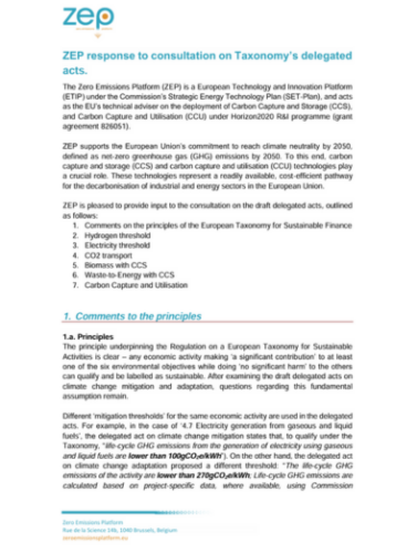 ZEP response to consultation on Taxonomy’s delegated acts