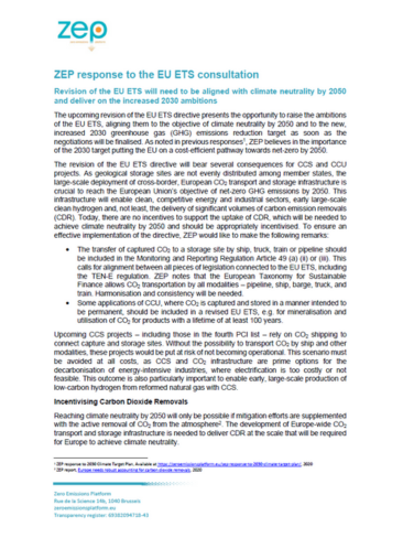 ZEP response to the EU ETS consultation