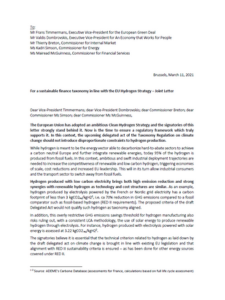 Joint Letter to the European Commission on taxonomy and hydrogen production