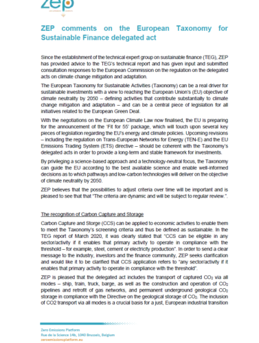 Comments on the European Taxonomy for Sustainable Finance delegated act