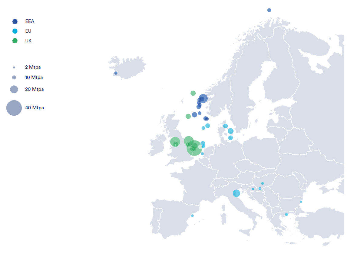 A map of Europe with different colored dots showing the location of announced storage projects in Europe and the maximum stated annual capacity per project.