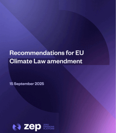Cover page of ZEP publication titled “Recommendations for EU Climate Law amendment,” dated 15 September 2025.