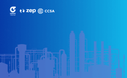Blue background, with an industrial skyline and the logos of ZEP, CCS-Europe and CCSA.