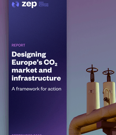 Cover of ZEP report titled ‘Designing Europe’s CO₂ market and infrastructure: A framework for action,’ published September 2025, featuring a CO₂ transport pipeline with valves.