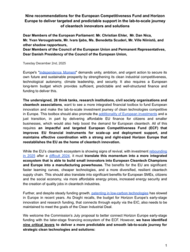 Nine recommendations for the European Competitiveness Fund and Horizon Europe