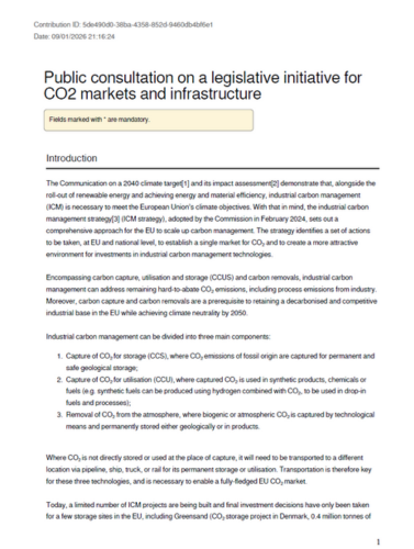 Recommendations for the CO₂ markets and transportation infrastructure: Response to the European Commission’s questionnaire